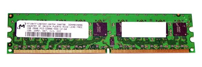 Memory RAM 1x 1GB Micron ECC UNBUFFERED DDR2  667MHz PC2-5300 UDIMM | MT18HTF12872AY-667D4